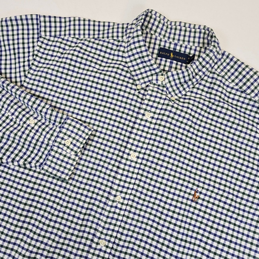 Ralph Lauren Mens 3XB Gingham Button Down Shirt Navy Blue Green Long Sleeve Pony